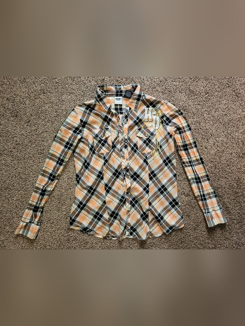 Womens Blingy Harley Davidson Orange Plaid Button-Up Shirt Size Xl